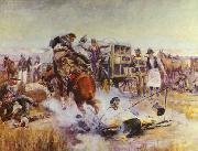 Charles M Russell Bronc to Breakfast oil on canvas